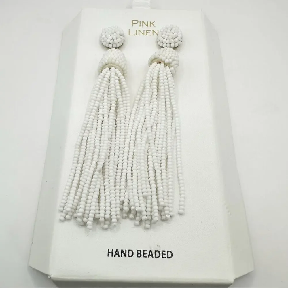 Pink Linen White Tassel Earrings NWT Seed Beads Dangle Jewelry Hand Beaded - Picture 8 of 16